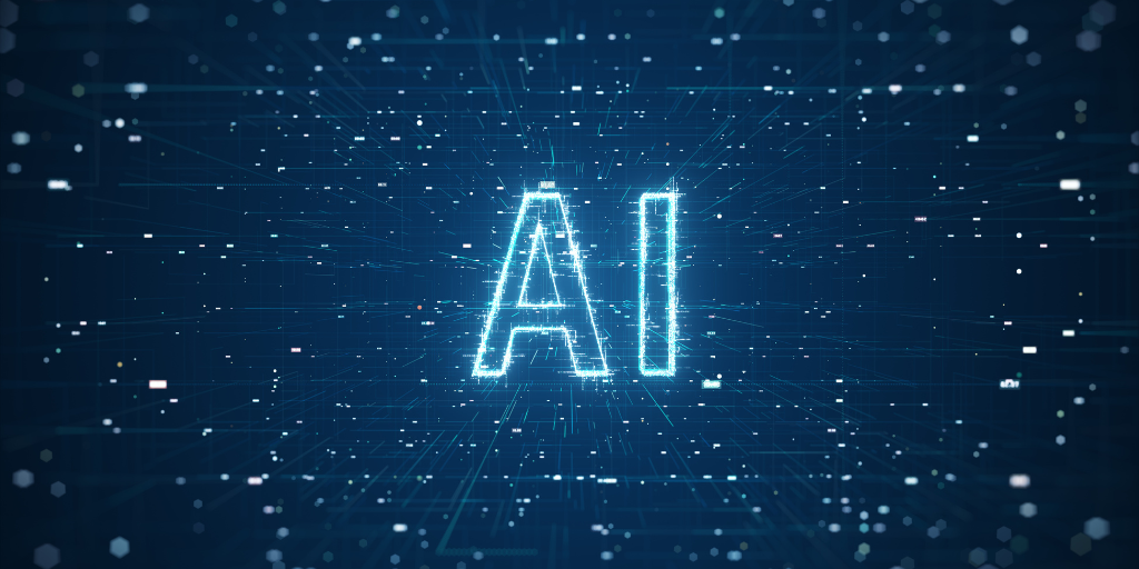 The word AI over a blue background with white orbs 