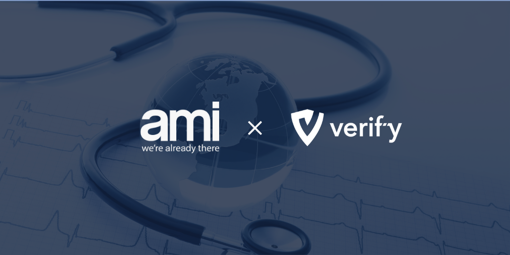 Image of a globe with a stethoscope around it, with two logos on top: AMI and Verif-y